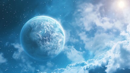A massive blue planet rises above soft, floating clouds in a bright sky