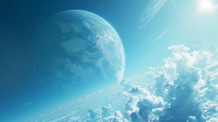 A vibrant planet floats in deep space, surrounded by glowing clouds and distant stars