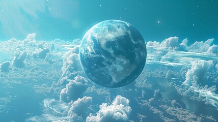 A vibrant planet floats in deep space, surrounded by glowing clouds and distant stars