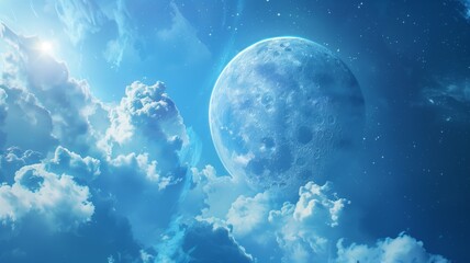 A vibrant planet floats in deep space, surrounded by glowing clouds and distant stars