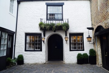 Obraz premium Charming historical building with black and white exterior in a quaint urban courtyard featuring decorative lanterns and potted plants