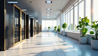 Modern Server Room with Data Storage and Potted Plants, IT Infrastructure