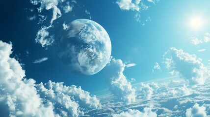 A majestic blue planet with swirling white clouds floats in a luminous sky