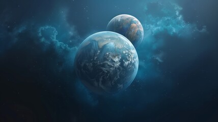 A majestic blue planet with swirling white clouds floats in a luminous sky