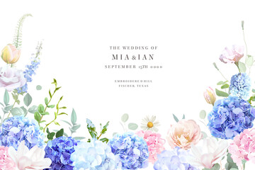 Bridgerton inspired pastel floral vector design frame. Blue delphinium, hydrangea, white magnolia, tulips, rose, hyacinth, greenery and plants card. All flowers and branches are isolated and movable