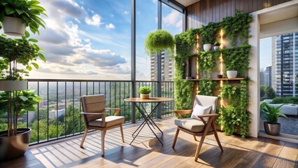 Fototapeta premium Relaxing moments highrise apartment balcony with stylish seating scenic views and lush vertical garden