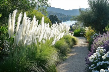 A vibrant garden pathway, flanked by towering pampas grass and an array of colorful blossoms, winds gracefully next to a tranquil lakeside under a bright sunlit sky