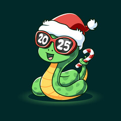 Happy Snake With Glasses and New Year Hat Cartoon Vector Icon Illustration Holiday Animal Icon Isolated Flat Vector