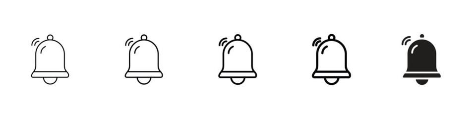 set of 5 pixel perfect Bell icon with 1 unexpanded, 1 silhouette, Bell icon for notifications, alerts, reminders and communication-related designs