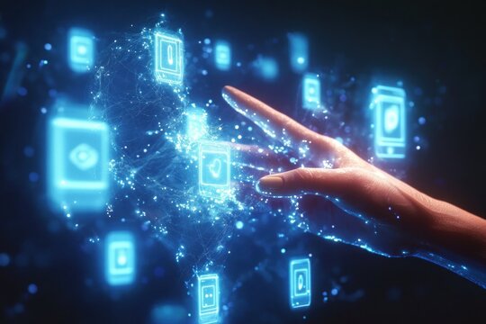 Futuristic hand interacting with floating digital speech bubbles in neon cyberspace, representing technology and communication network