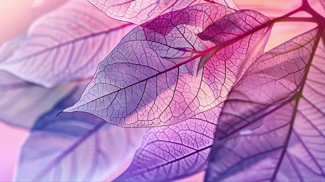 Vibrant transparent skeleton leaves in soft pastel colors, delicate nature pattern, dreamy botanical background, fragile foliage leaf, airy floral design, artistic natural texture