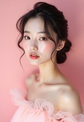 Naklejka premium エレガントな日本の美しさのポートレート：ライトピンクのチュールドレスを着た輝く肌を持つ素晴らしい女性、柔らかな拡散照明、パステルピンクの背景、韓国の美学、控えめなメイク。