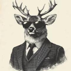 Gordijnen Majestic Deer in Suit and Sunglasses Vintage Engraving Style Illustration © KyleAnderson