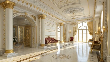 Fototapeta premium Grand Palace Hall 3D Render, Gold Accents, Baroque Design, Marble Floor Luxury Interior, Palace Design