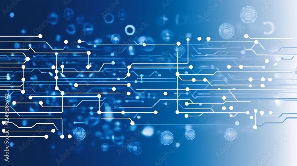 Poster abstract circuit lines with connecting nodes on a blue background technological pattern.