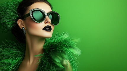 Glamorous woman in emerald green fashion with bold style for luxury, fashion, and beauty advertising