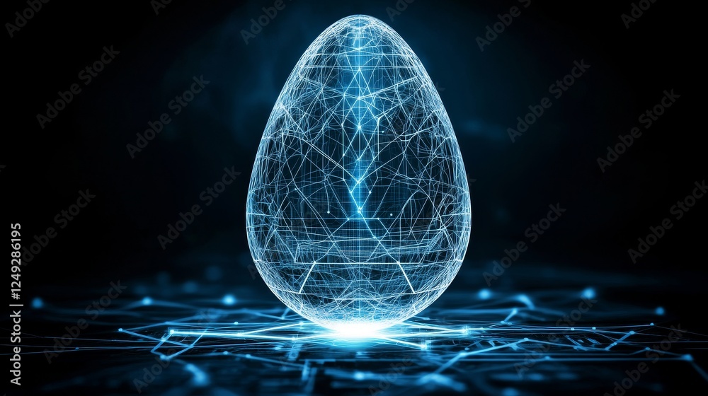 Poster abstract egg digital rendering with interconnected network and glowing ground surface.