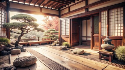 Meditation practices in a japanese zen garden balcony with stone pathway and bonsai trees tranquil natural environment for mindfulness