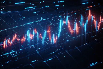Futuristic Financial Chart with Glowing Candlestick Patterns and Neon Lights on Dark Background