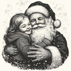Vintage Santa Claus Hugging a Joyful Child Girl Monochrome Illustration Winter Holiday Spirit