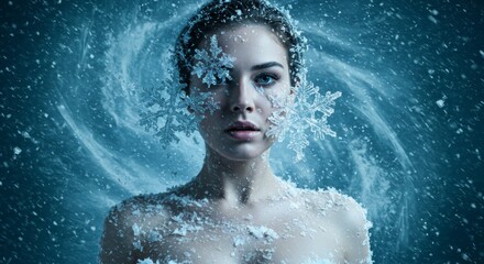 Woman's face covered obstructed and surrounded by Frozen Snow Flake, expressive cold winter weather concept