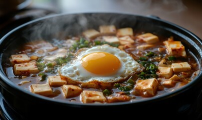 Steaming tofu stew with fried egg, kimchi, Asian cuisine, restaurant setting