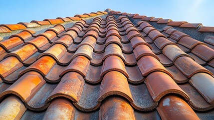 Red tile roof, low angle, sunny day, sky background, home exterior
