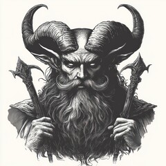 Dark fantasy horned demon trident wings menacing expression intricate line art illustration gothic mythology