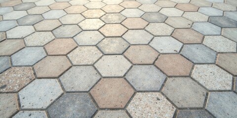 Hexagonal paving stones in varying shades of beige and gray create a visually appealing and durable surface