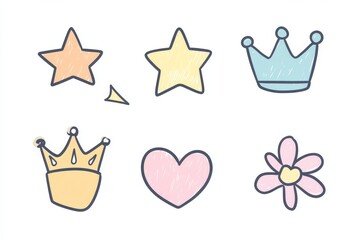 Cute hand-drawn doodle icons, stars, crowns, hearts, and flowers