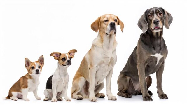 Lineup of different types of Dog breeds from Smallest to Largest: Chihuahua, Beagle, Golden Retriever, and Great Dane