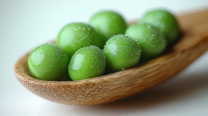 Fresh green peas on wooden spoon, close-up, studio shot, white background