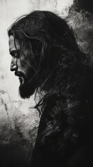 Double exposure, digital art of Jesus with long hair and beard looking up to the sky, on a white background.