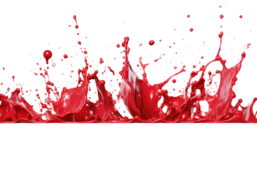  A vibrant red paint splash frozen mid-motion, creating an abstract, energetic pattern with scattered droplets on transparent background
