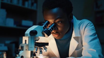 Scientist person examines samples under microscope. Laboratory, scientific tools. Notes and observations recorded on paper. Professionalism and curiosity. Biology research, discovery in modern lab.