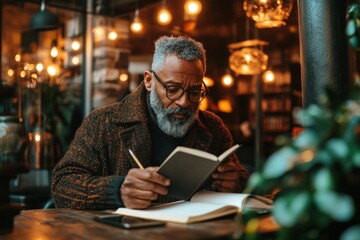 A novelist brainstorming ideas in a notebook while sitting in a quiet cafÃ©