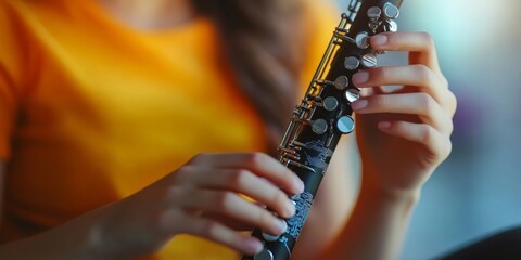 A close-up of hands playing a musical instrument brings creativity to life. The warm orange shirt adds vibrancy to the moment. This photo captures the joy of music. AI