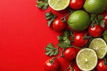 Avocado: Guacamole with delicious toppings. Fresh tomatoes and limes arranged on a vibrant red background.