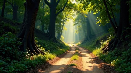 Obraz premium Sunlit Path Through a Verdant Forest, Illuminated by Golden Rays, Leading to an Unknown Destination