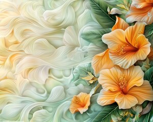 Vibrant Orange Hibiscus Flowers with Soft Swirls of Light Colors in Artistic Floral Background for Nature and Design Enthusiasts