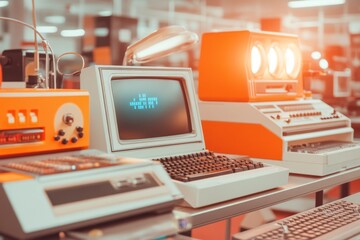 A pixelated 8-bit laptop with a classic blue screen error, sitting on a retro gaming desk