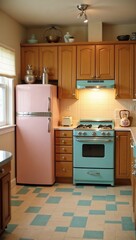 Fototapeta premium A kitchen featuring retro appliances, checkered flooring, and pastel colors, evoking a 1950s ambiance