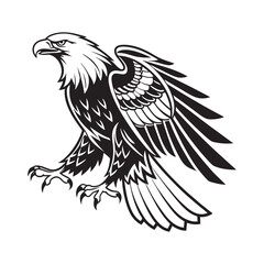 Majestic eagle black and white vector illustration, fierce bird of prey with sharp claws, wings spread, tattoo design