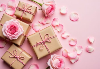 Gift Boxes with Roses and Petals on Pink Background