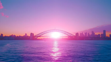 Naklejka premium Sunrise over Sydney Harbour Bridge with Vibrant Pink Sky Colors