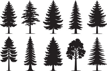 Obraz premium Variant style pine tree silhouette vector set, flat black tree silhouette illustration design, isolated on a white background.
