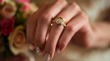 Close-up of hand with engagement ring and engagement ring against a background of a bouquet of roses, perfect for wedding blogs, jewellery ads, engagement and wedding articles.