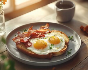 Delicious breakfast plate featuring fried eggs, crispy bacon, and toasted bread garnished with herbs, served in a cozy setting with warm sunlight streaming in
