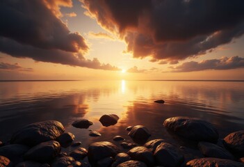 Obraz premium Golden Sunset Over Calm Water with Rocky Shoreline