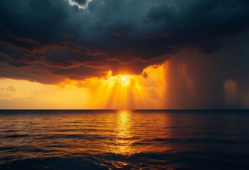 Golden Sunset Over the Ocean with Dramatic Storm Clouds and Rain